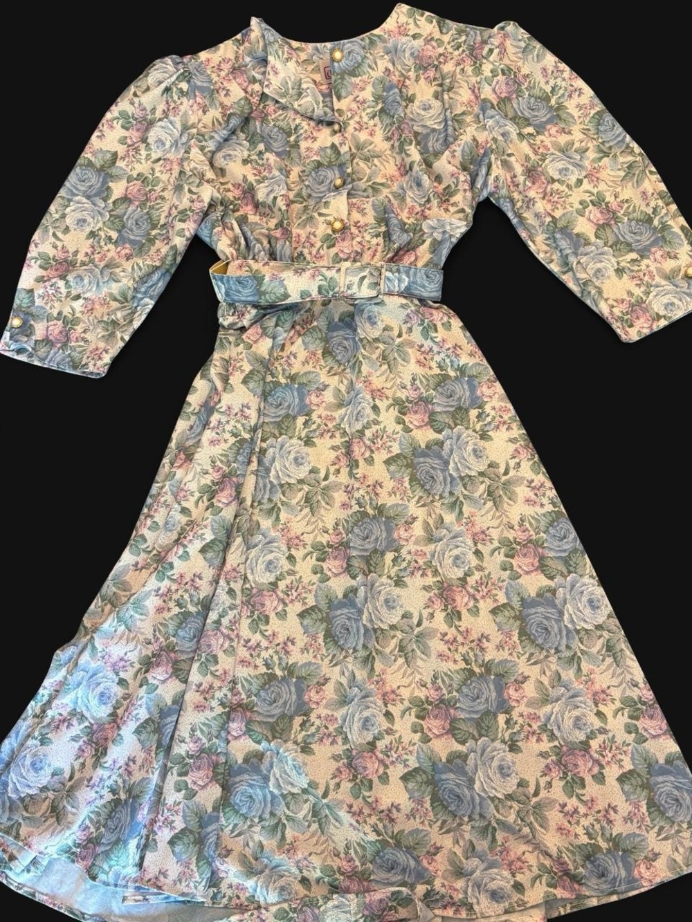 80s Vintage Floral Long Sleeve Day Dress